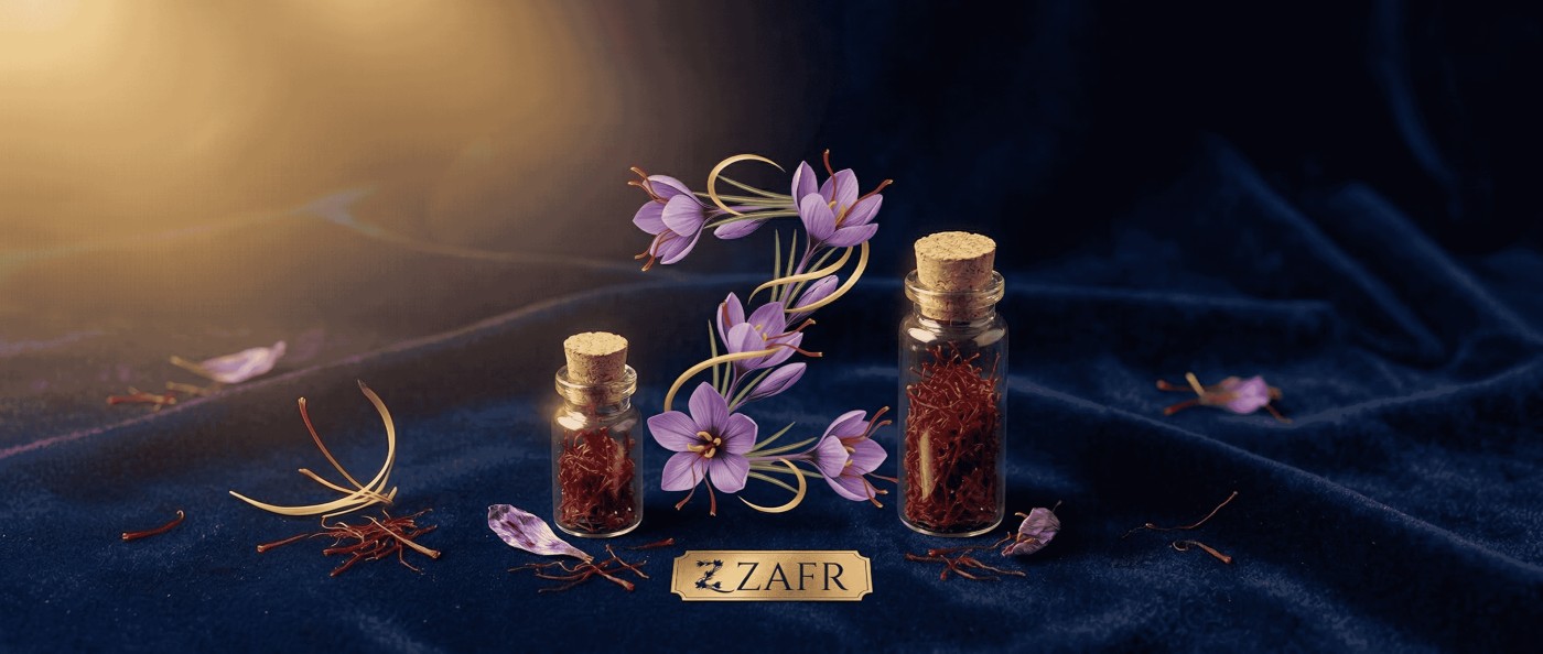 ZAFR Kashmiri Laccha Saffron glass vials with natural cork stoppers — 1g and 5g sizes on dark navy velvet