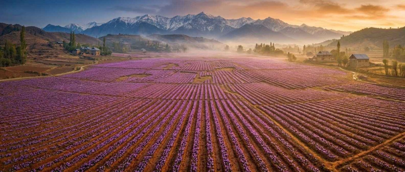 Saffron fields of Pampore, Kashmir — purple Crocus sativus blooming at dawn across the Karewa plateau