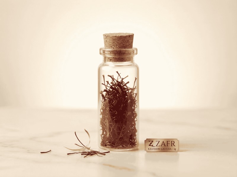 ZAFR 1g Kashmiri Laccha Saffron Signature Vial — glass tube with natural cork on cream marble